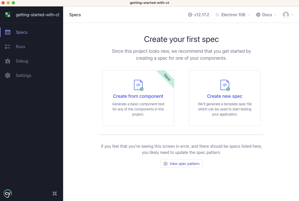 Cypress App UI with Create your first spec page with buttons for Create from component or Create new spec